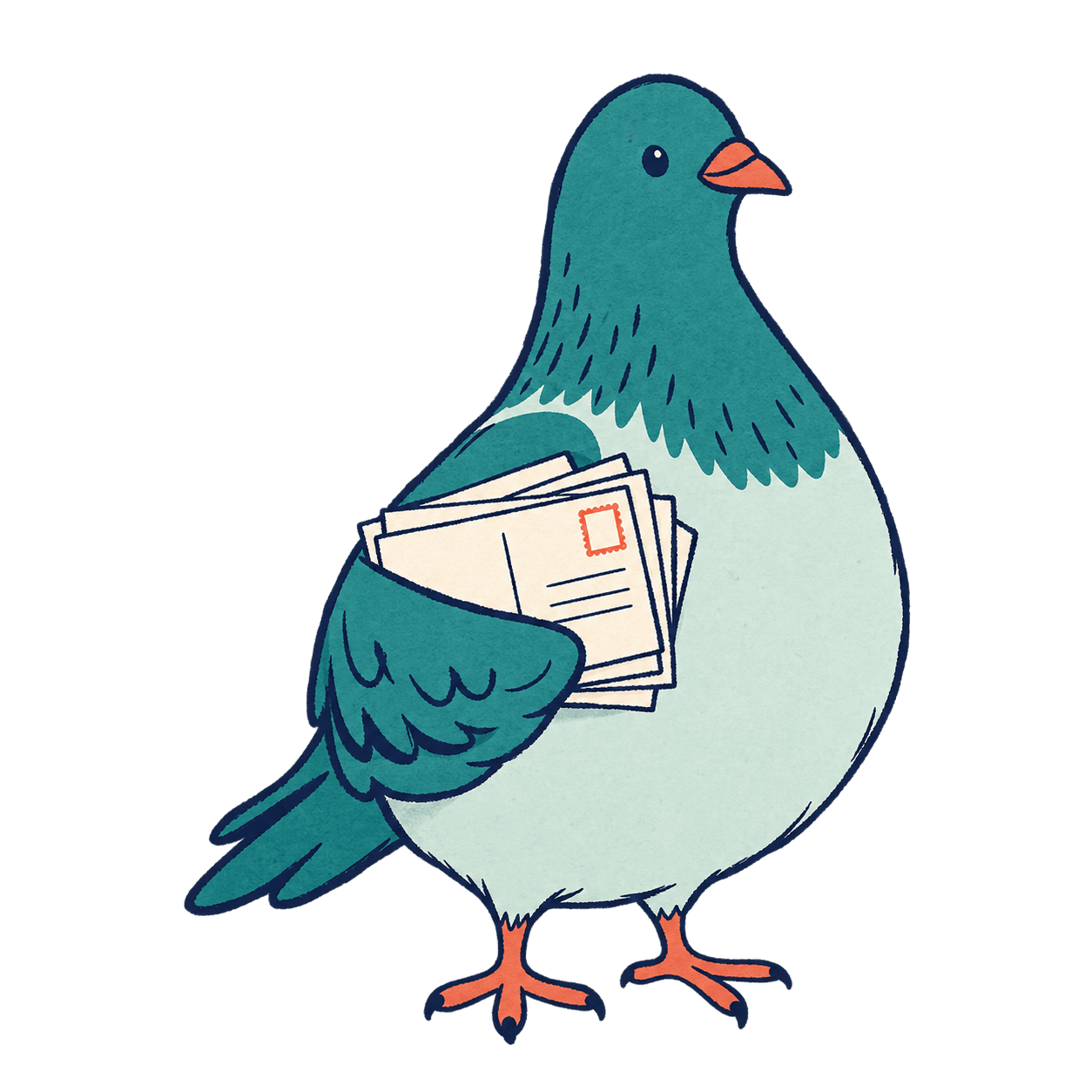 Our pigeon holding a small stack of postcards